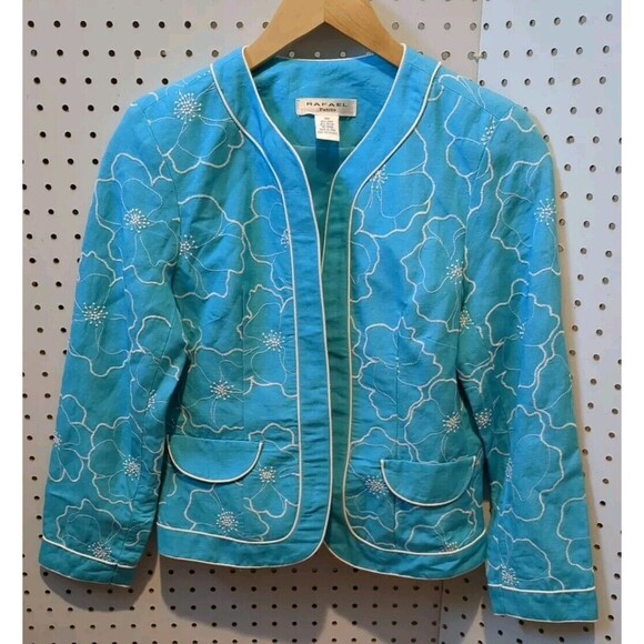 Rafael Petite Blazer Jacket Size 0 PP Turquoise Aqua Blue Floral Embroidered - Picture 1 of 5